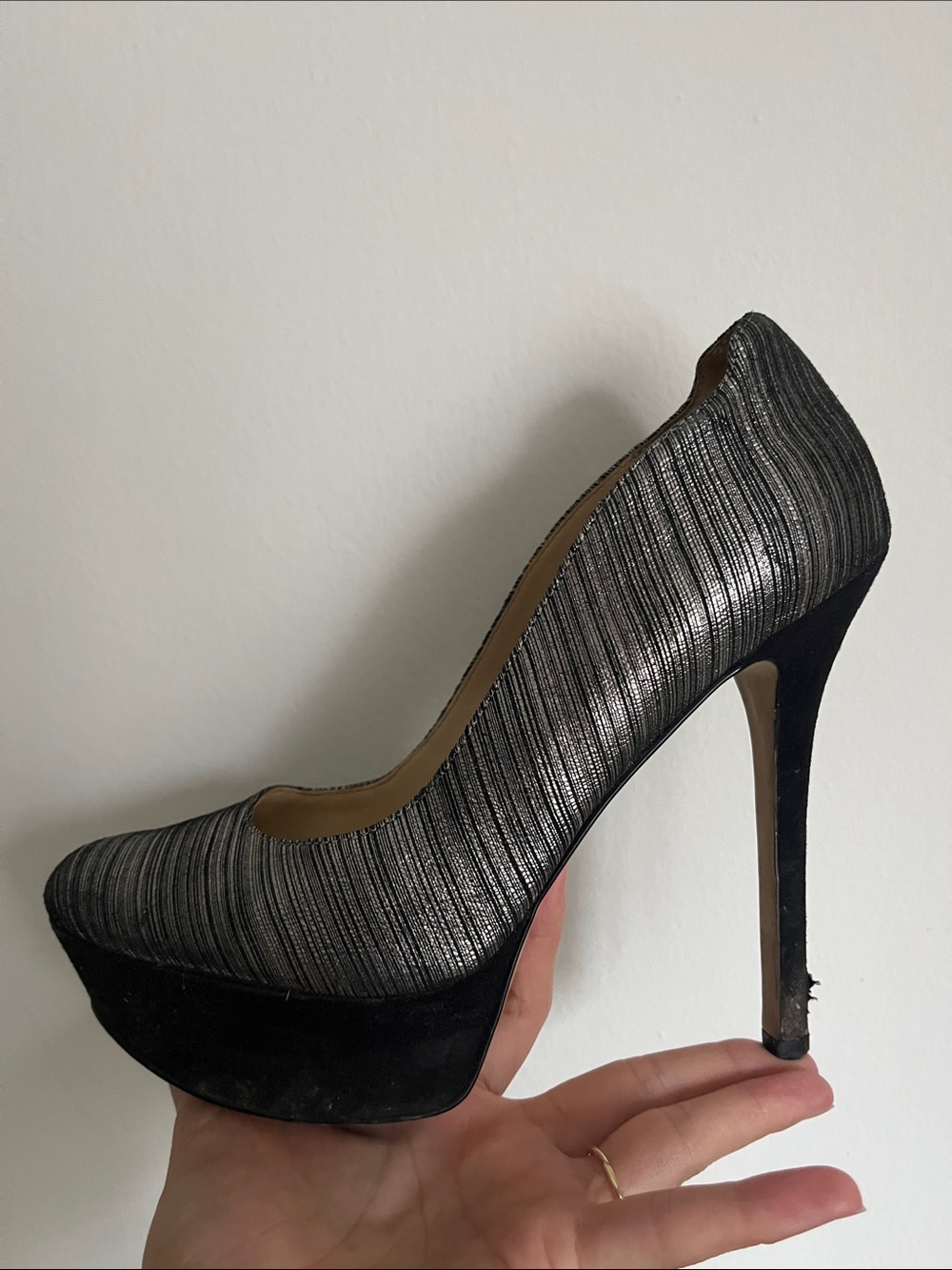 Silver Metallic Stripe High Heel Pumps with Black Platform